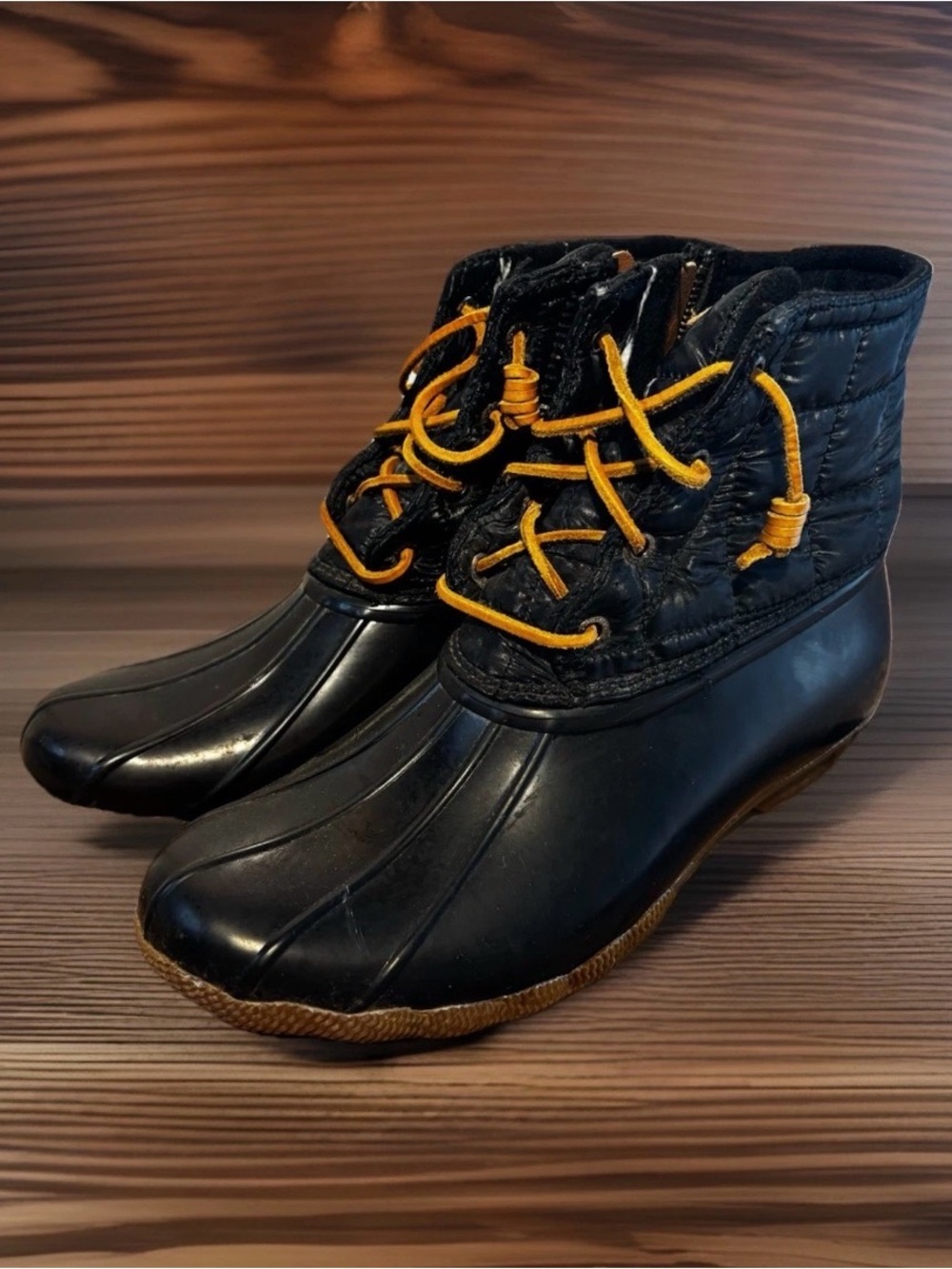 Sperry Black Ankle Duck Boots with Yellow Laces